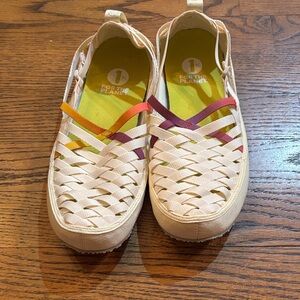 Patagonia cream woven slip-on sneakers with yellow insoles and multicolor straps